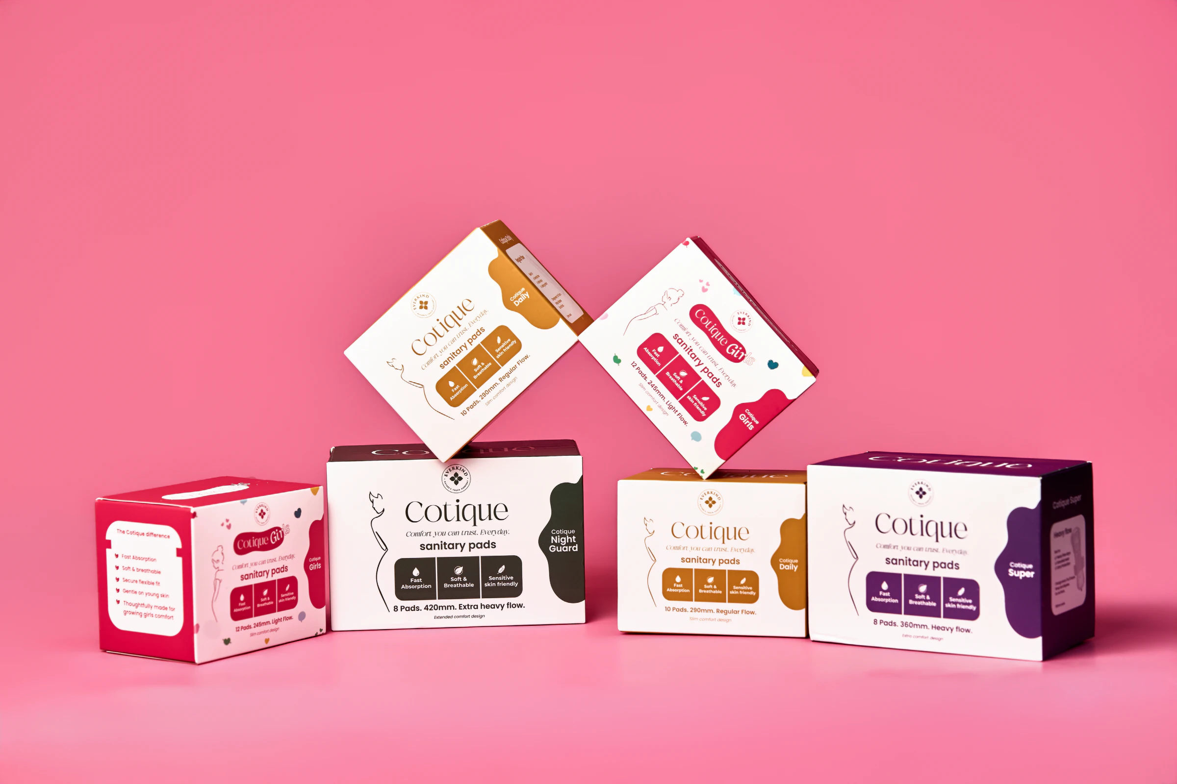 The complete Cotique range photographed in warm natural light